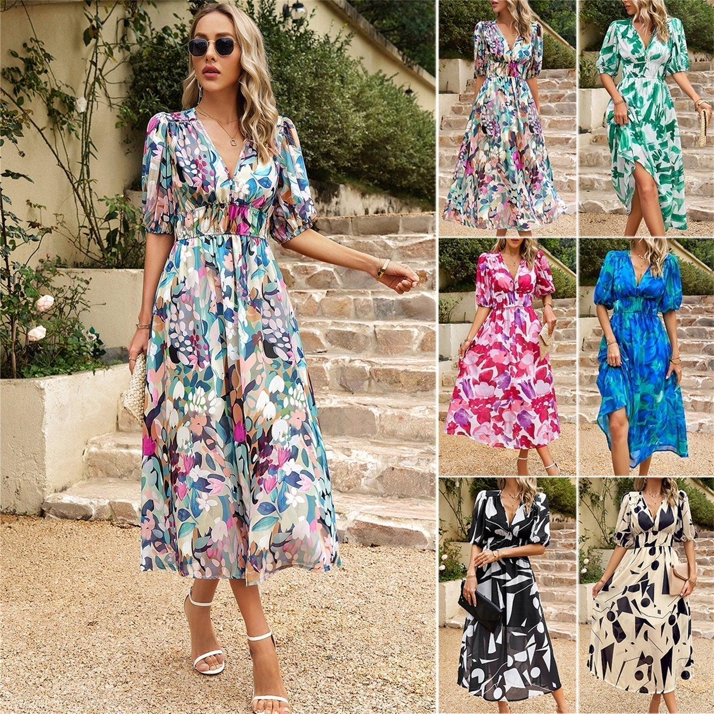 🥳Elegant waist V-neck Floral Printed Dress(50% OFF)
