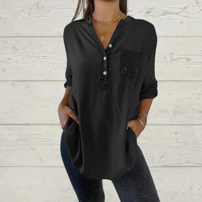 What should I wear tomorrow?🌸Women's Sequin Patchwork V-neck Shirt