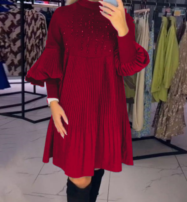 Elegant black pleated dress for women with lantern sleeves