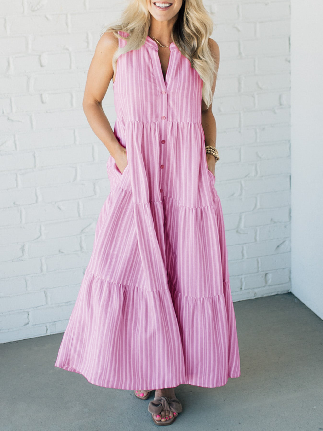 Women's V Neck Striped Button Front Tiered Dress👗
