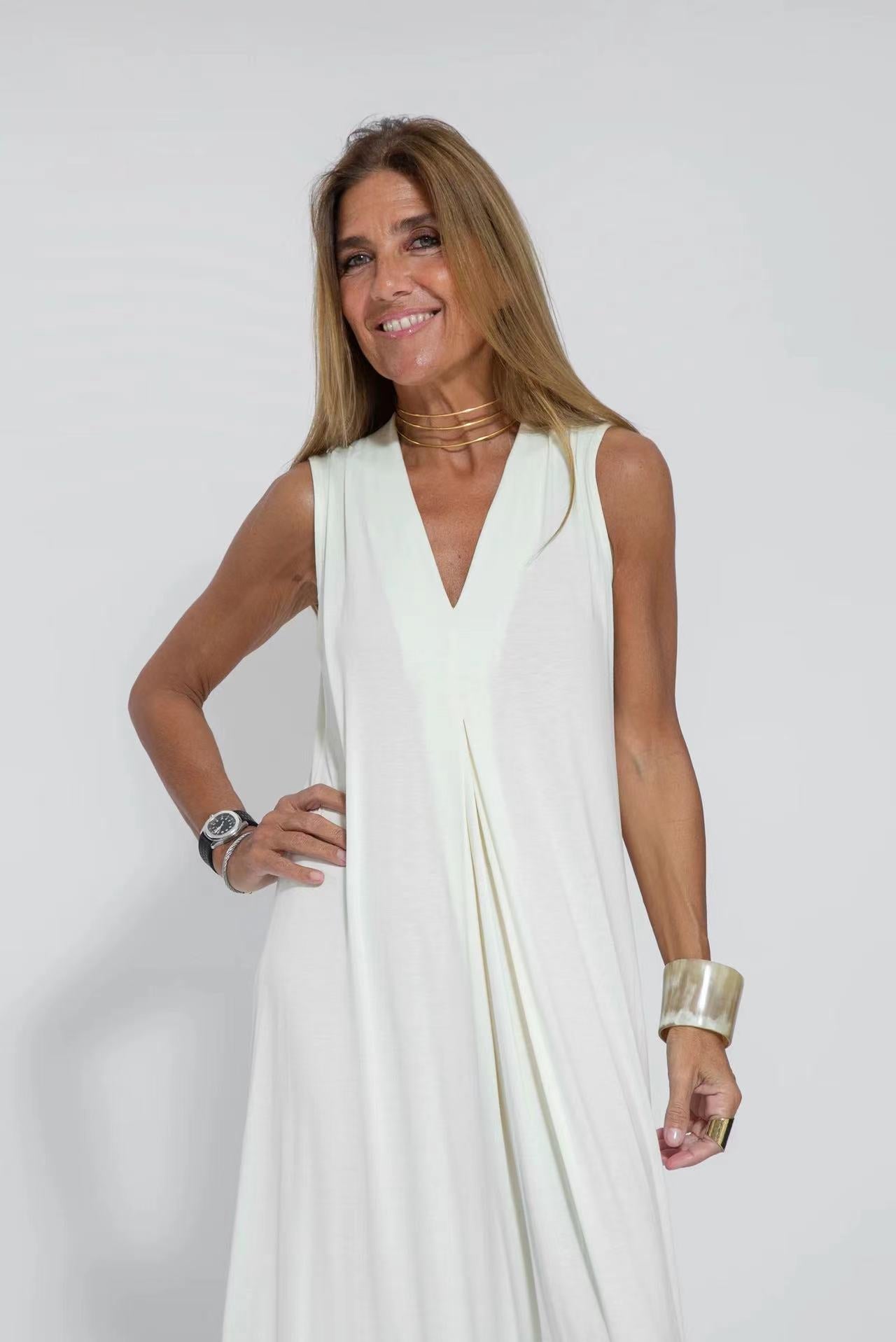 LONG SUMMER DRESS WITH CAPE - NATURAL COTTON