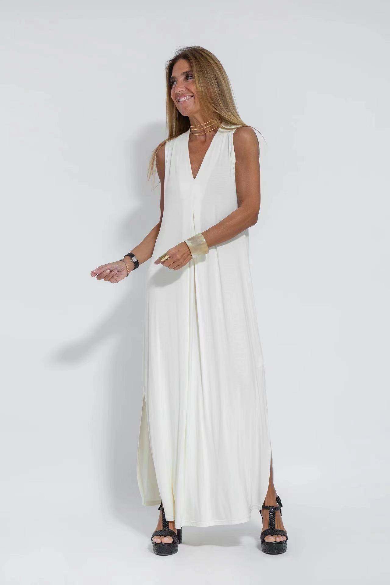 LONG SUMMER DRESS WITH CAPE - NATURAL COTTON