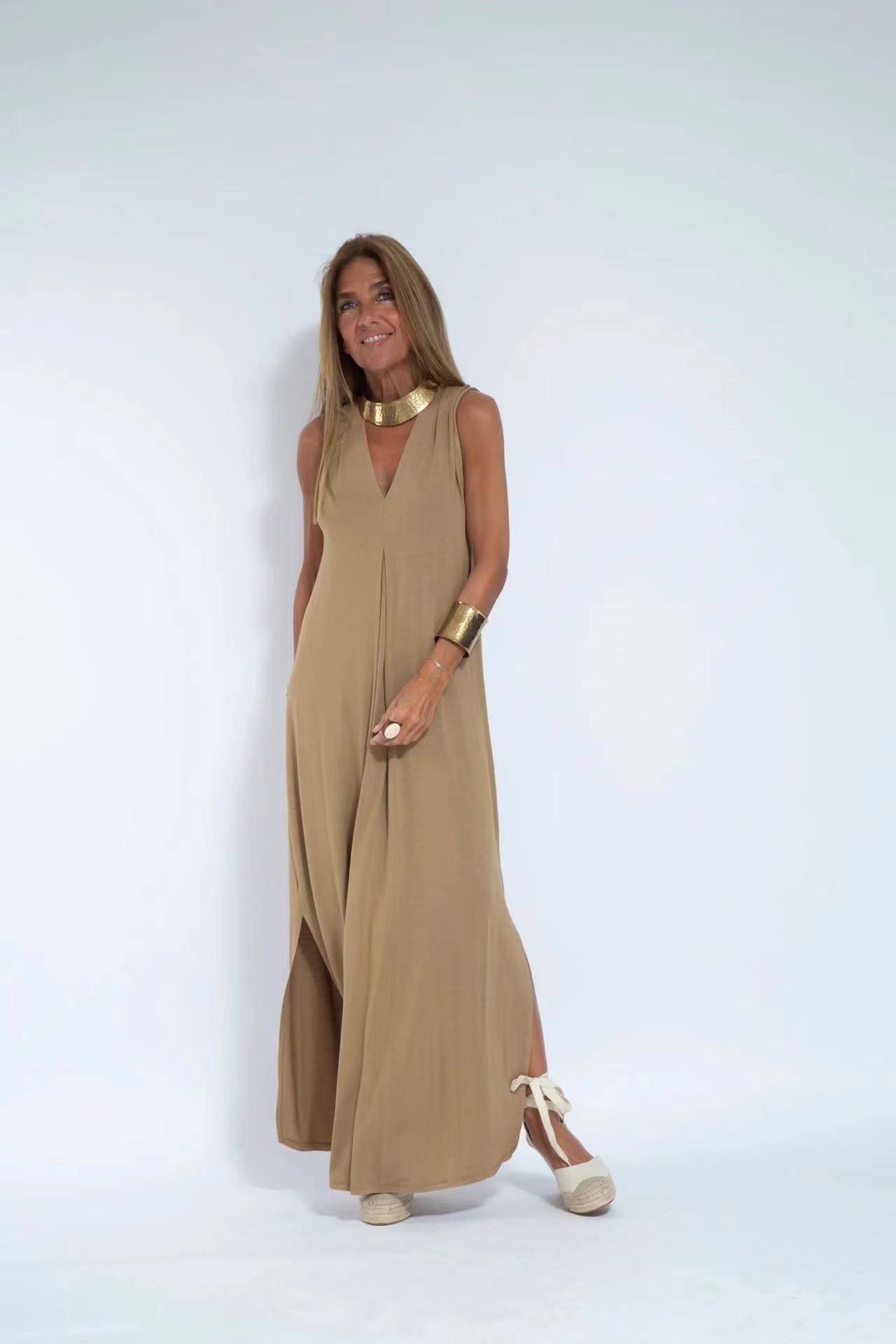 LONG SUMMER DRESS WITH CAPE - NATURAL COTTON