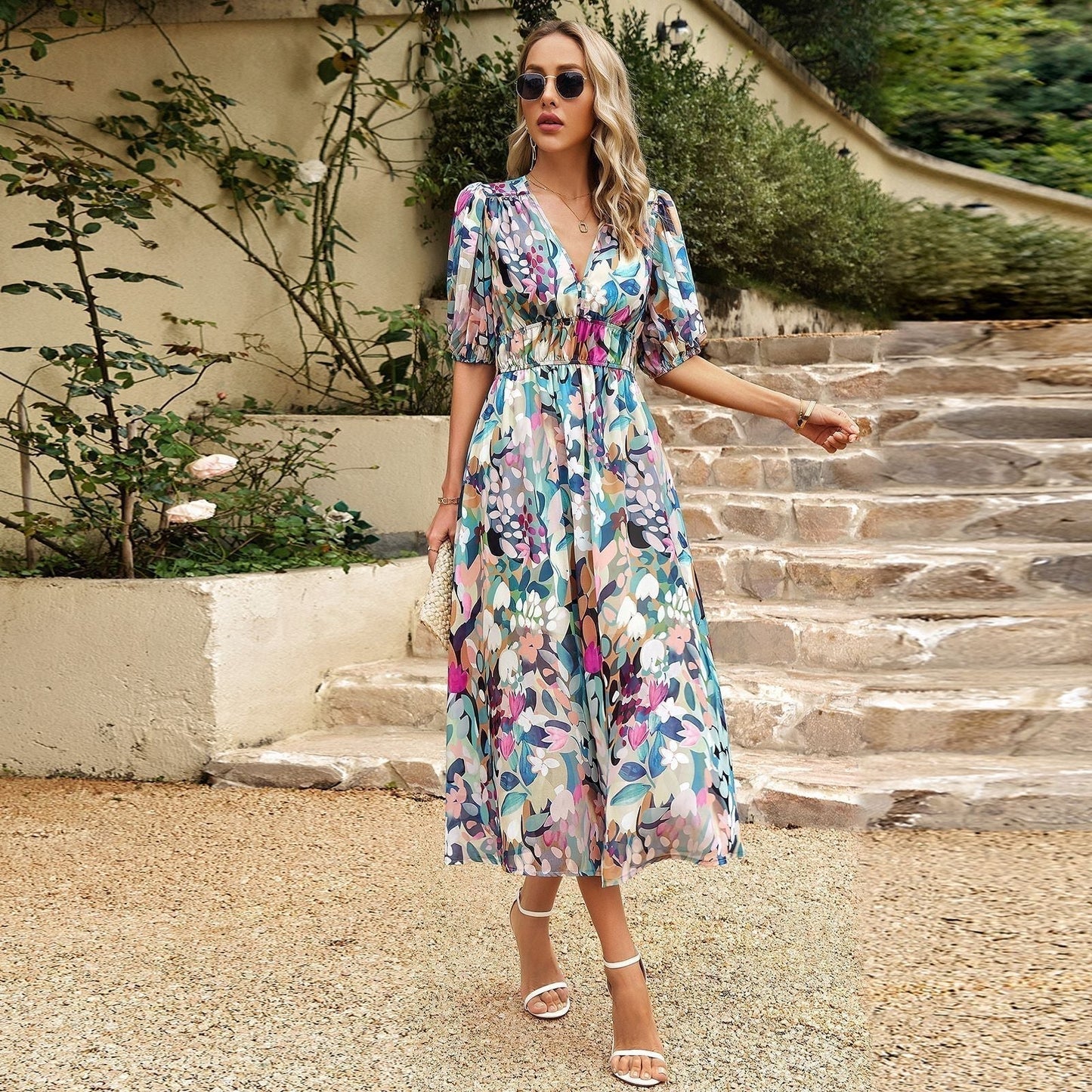 🥳Elegant waist V-neck Floral Printed Dress(50% OFF)