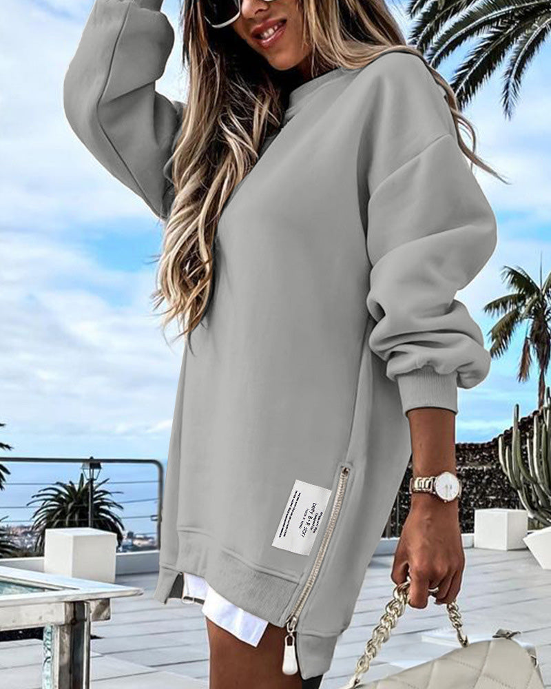 💕What should I wear tomorrow?💕Long Sleeve Pullover Zipper Slit Casual Sweatshirt Dress