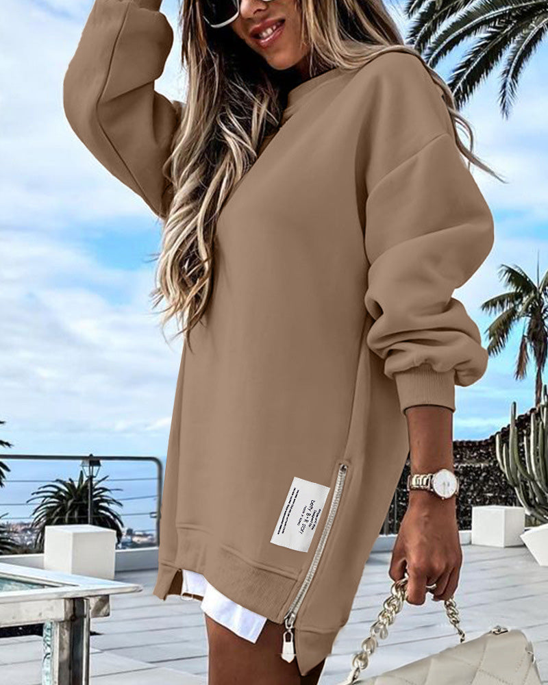 💕What should I wear tomorrow?💕Long Sleeve Pullover Zipper Slit Casual Sweatshirt Dress