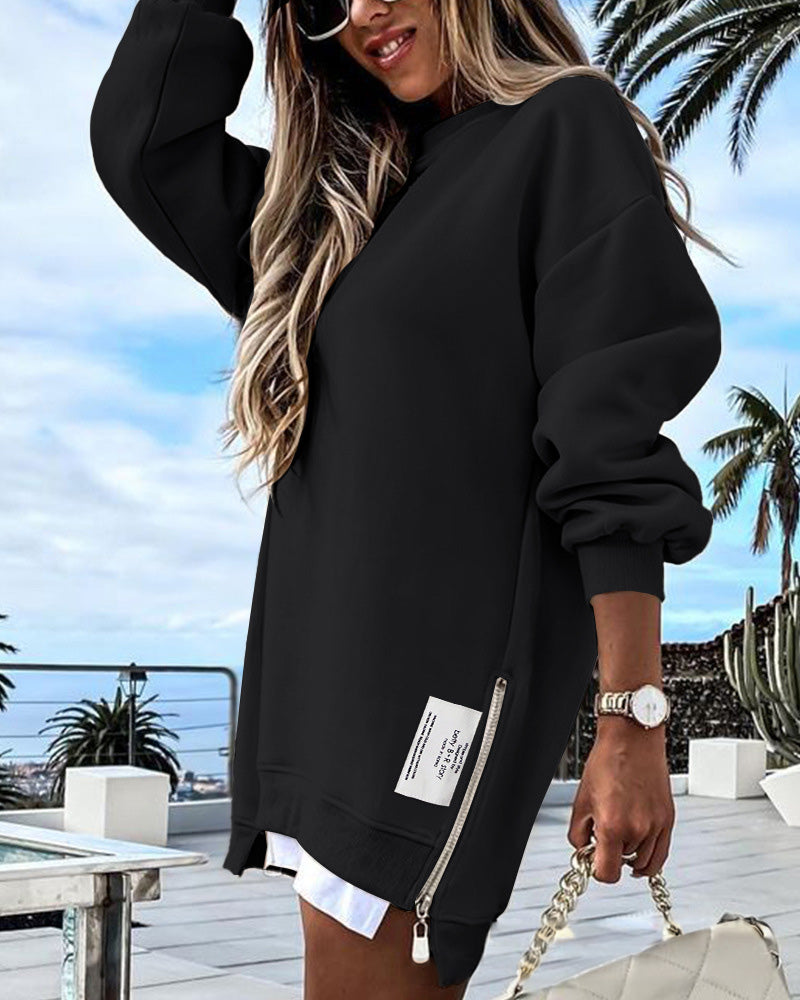 💕What should I wear tomorrow?💕Long Sleeve Pullover Zipper Slit Casual Sweatshirt Dress