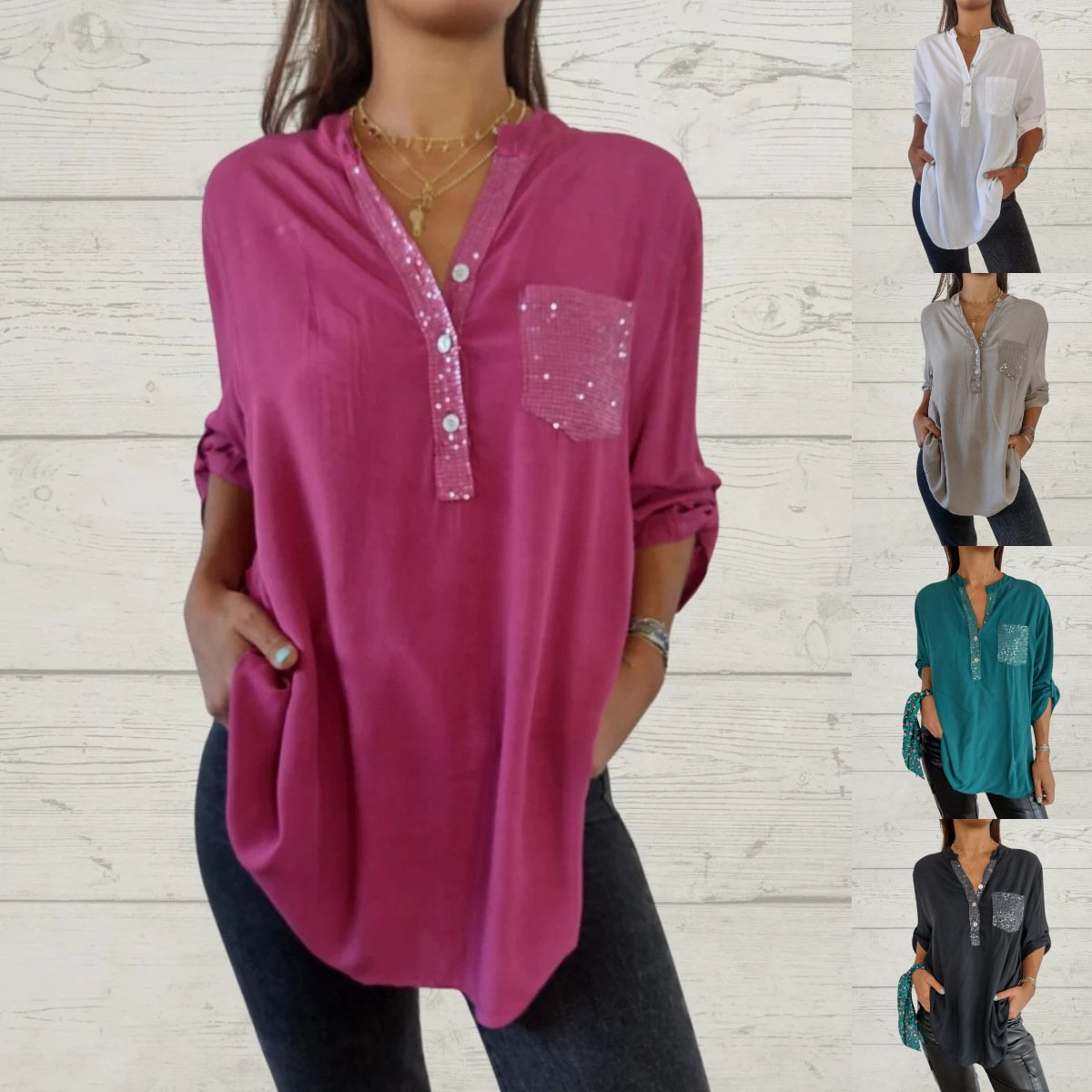 What should I wear tomorrow?🌸Women's Sequin Patchwork V-neck Shirt