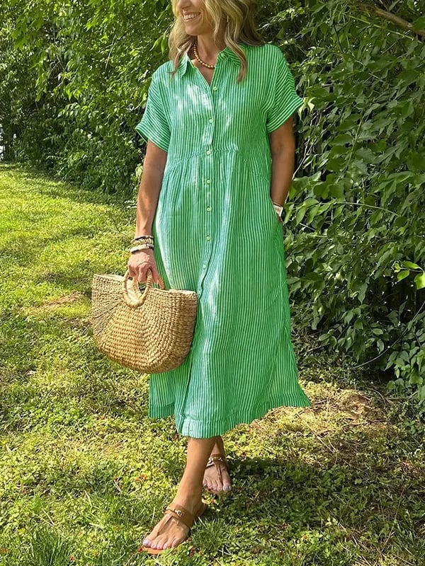 NEW🔥 Striped Lapel Button Down Shirt Dress | With Functional Pockets