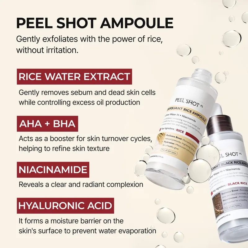 Peel Shot Glow Rice Ampoule Duo - Serums for Brightening, Exfoliating, and Moisturizing - Suitable for All Skin Types