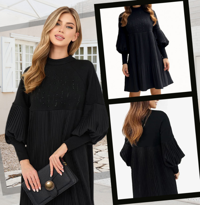 Elegant black pleated dress for women with lantern sleeves