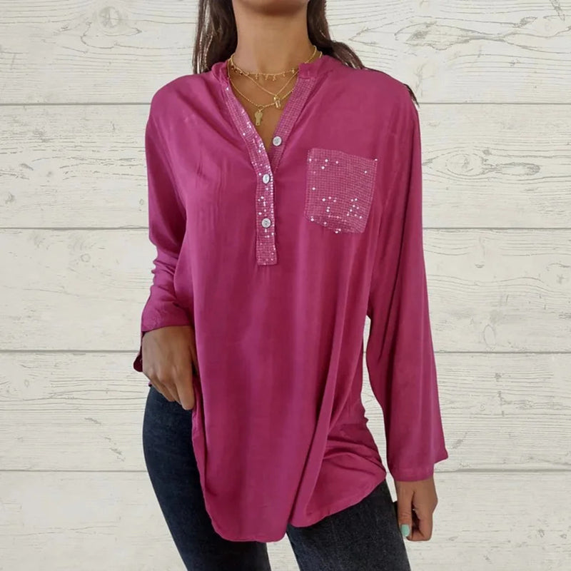 What should I wear tomorrow?🌸Women's Sequin Patchwork V-neck Shirt