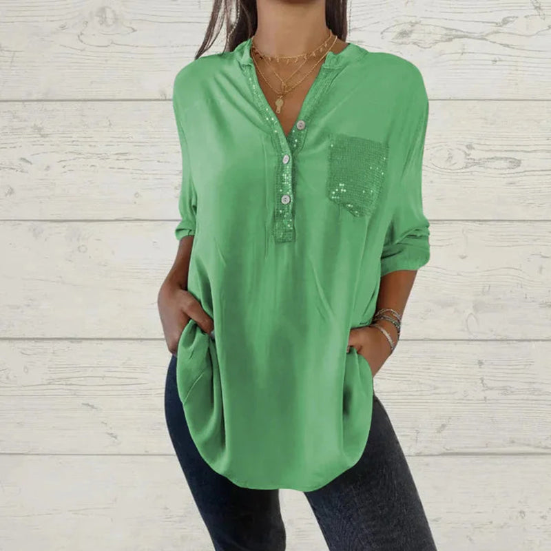 What should I wear tomorrow?🌸Women's Sequin Patchwork V-neck Shirt