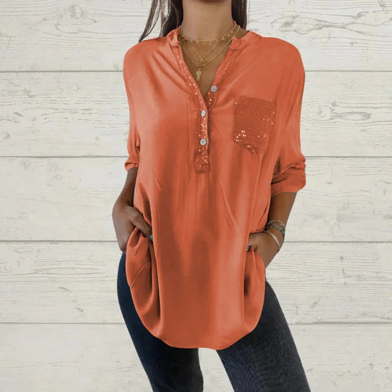 What should I wear tomorrow?🌸Women's Sequin Patchwork V-neck Shirt