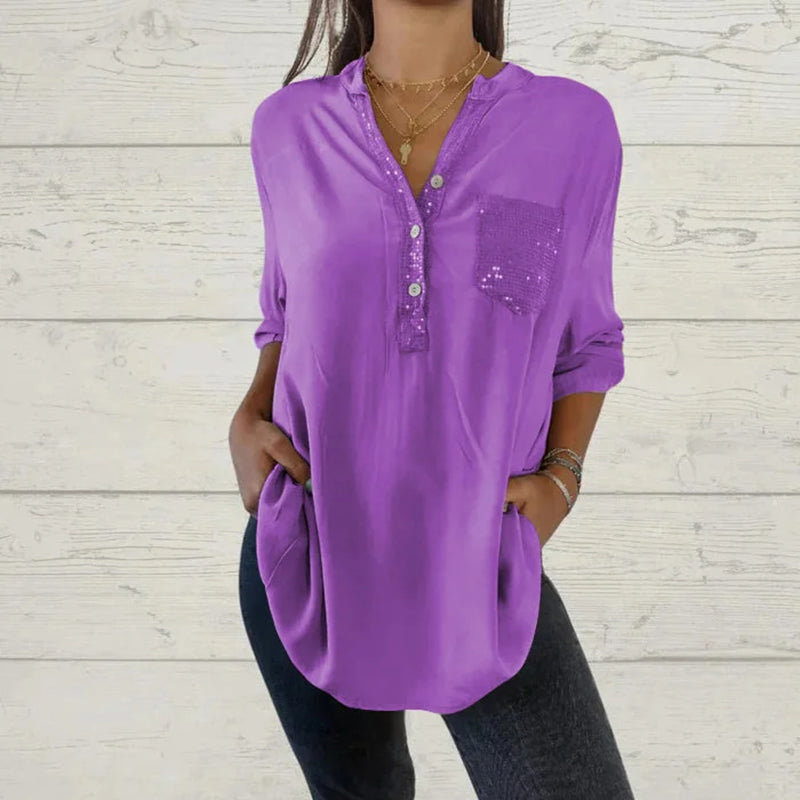 What should I wear tomorrow?🌸Women's Sequin Patchwork V-neck Shirt