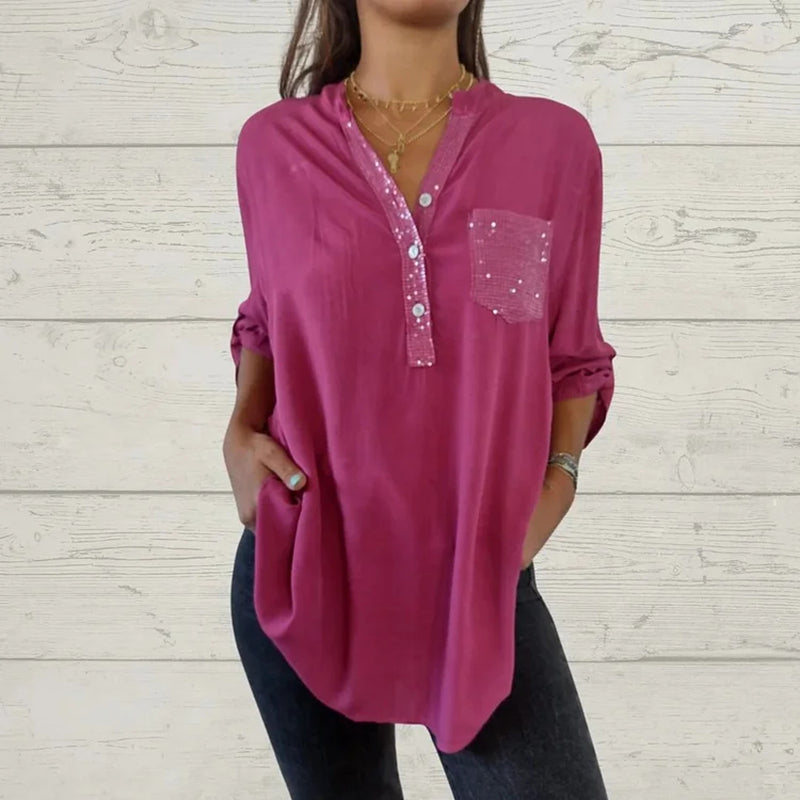 What should I wear tomorrow?🌸Women's Sequin Patchwork V-neck Shirt