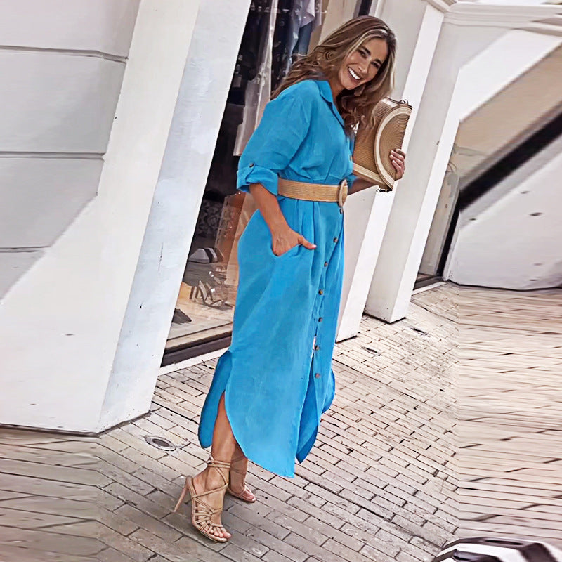 Casual Long Sleeve Shirtdress with Side Slit
