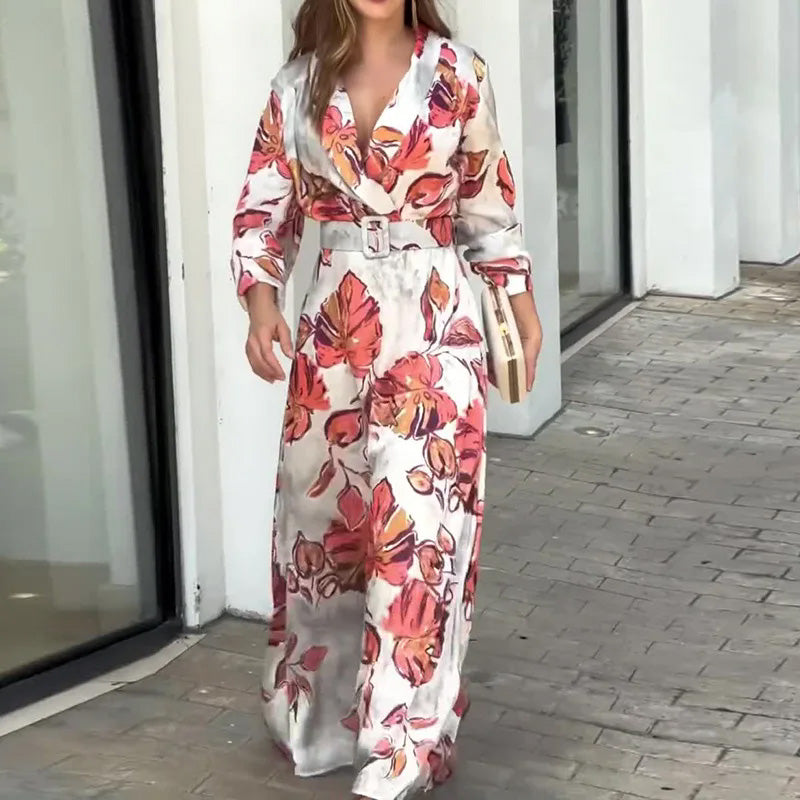 Deep V-Neck Maxi Dress with Belt