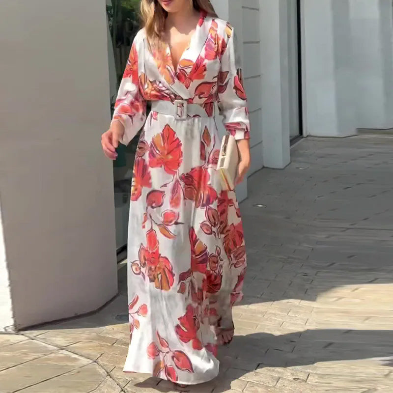 Deep V-Neck Maxi Dress with Belt