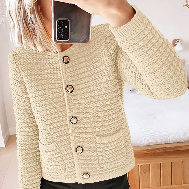 Round neck knitted retro autumn casual cardigan long sleeved shirt