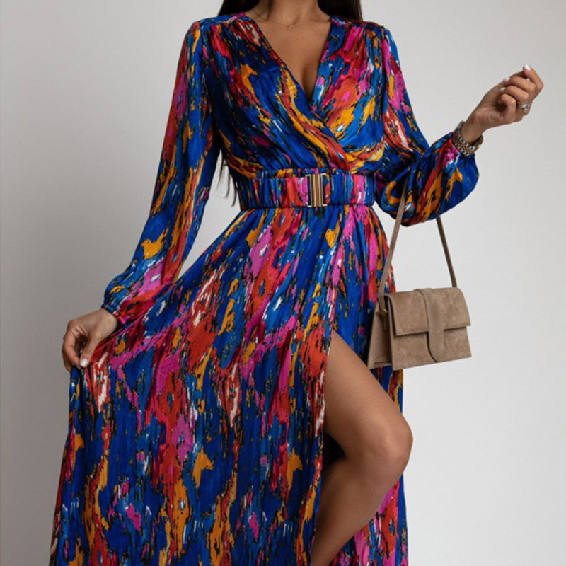 💕Women's Printed Long Sleeve V-Neck Split Dress