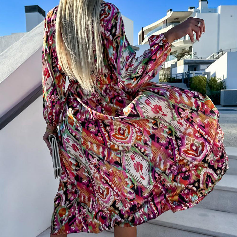 💕Women's Printed Long Sleeve V-Neck Split Dress