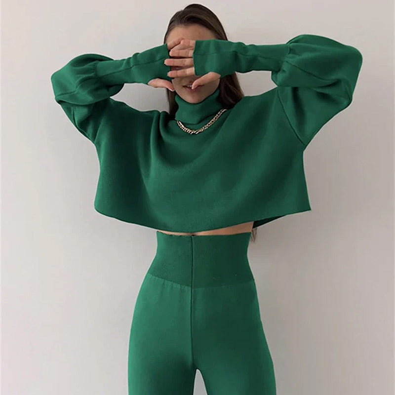 💖What should I wear tomorrow?💖Women's Long-sleeve High Neck Crop Top and Pants Set
