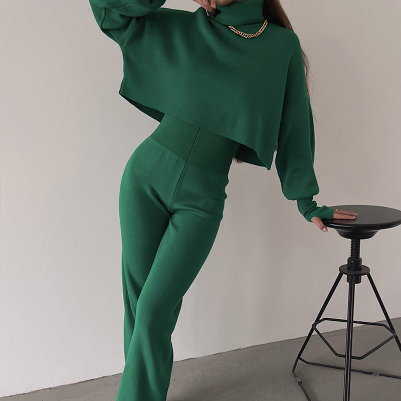 💖What should I wear tomorrow?💖Women's Long-sleeve High Neck Crop Top and Pants Set