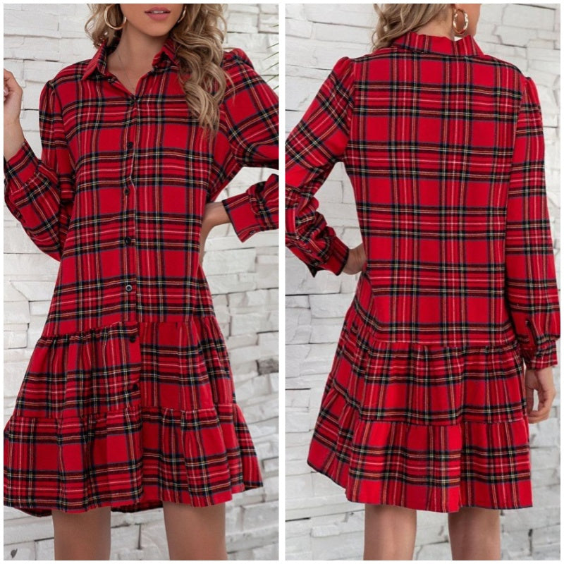 🎅Early Xmas Sales 🎁Women's Christmas Plaid Lapel Short Dresses