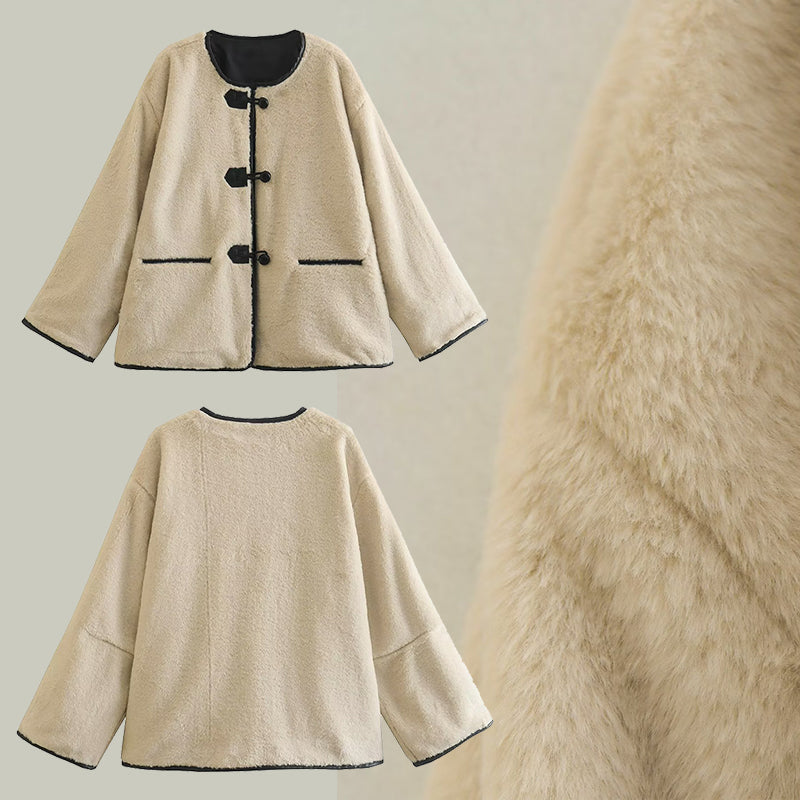 Loose round neck lamb wool, cardigan jacket interprets elegant charm