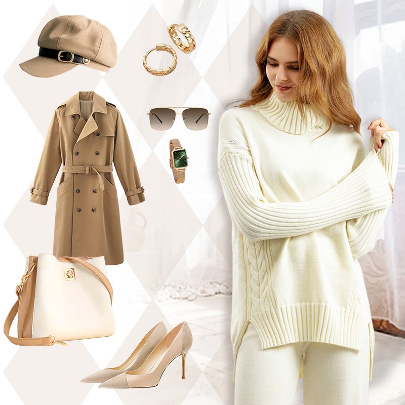 Women’s Casual Relaxed Knitted Turtleneck Sweater and Wide-leg Pants Set