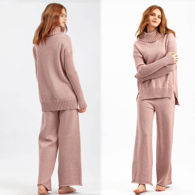 Women’s Casual Relaxed Knitted Turtleneck Sweater and Wide-leg Pants Set