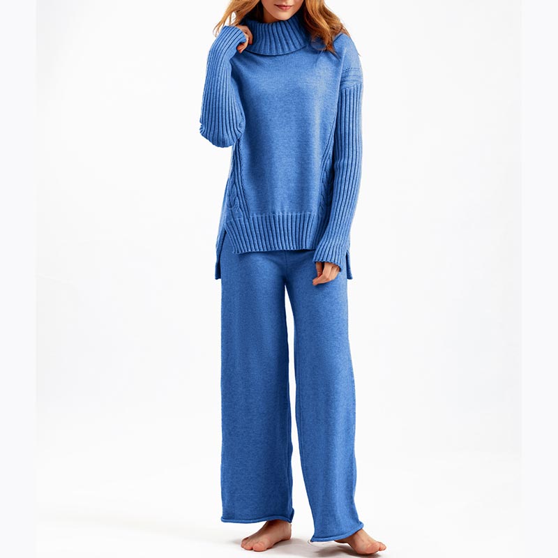 Women’s Casual Relaxed Knitted Turtleneck Sweater and Wide-leg Pants Set