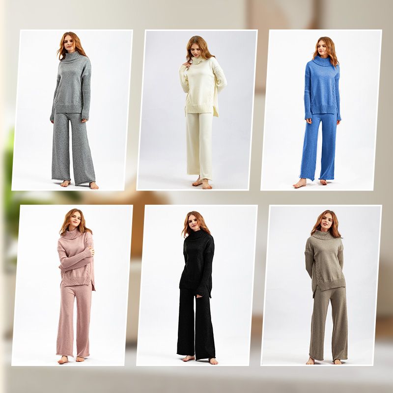 Women’s Casual Relaxed Knitted Turtleneck Sweater and Wide-leg Pants Set