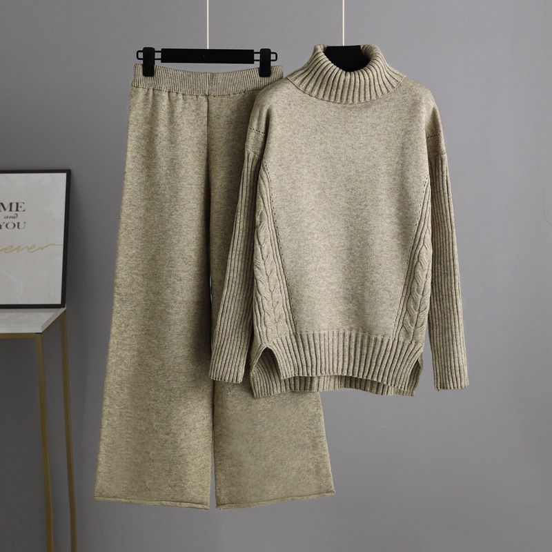 Women’s Casual Relaxed Knitted Turtleneck Sweater and Wide-leg Pants Set
