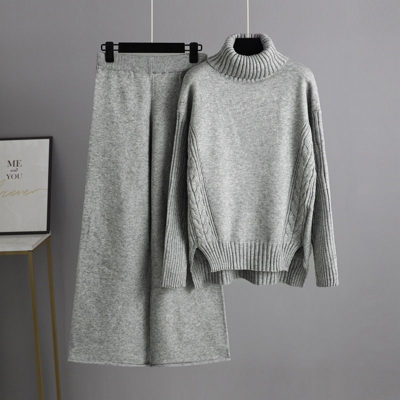 Women’s Casual Relaxed Knitted Turtleneck Sweater and Wide-leg Pants Set