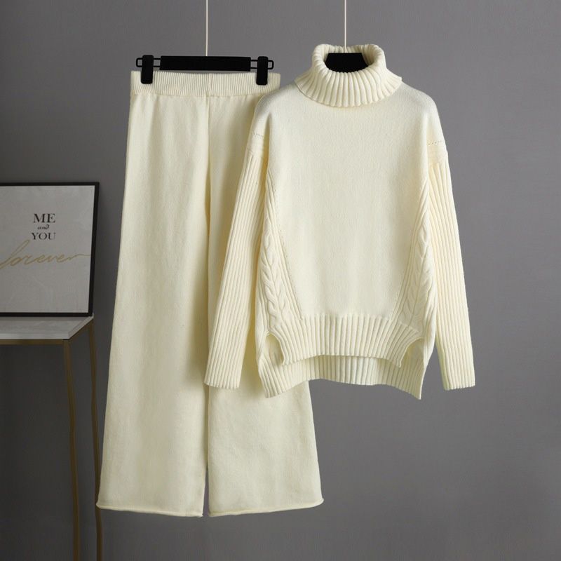 Women’s Casual Relaxed Knitted Turtleneck Sweater and Wide-leg Pants Set
