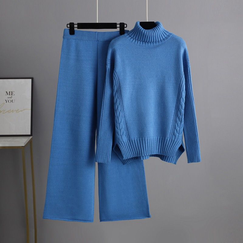Women’s Casual Relaxed Knitted Turtleneck Sweater and Wide-leg Pants Set