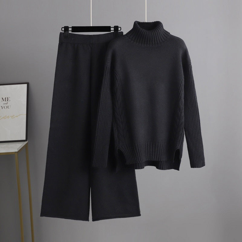 Women’s Casual Relaxed Knitted Turtleneck Sweater and Wide-leg Pants Set