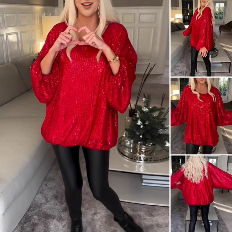 🎅What should I wear tomorrow?🎄Round Neck Sequin Long Sleeve Loose Top
