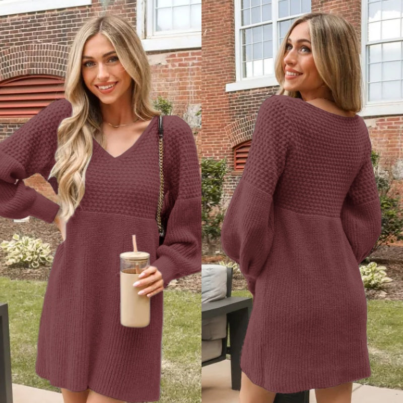 🔥What should I wear tomorrow?🔥-V-neck lantern sleeve solid color knitted woolen dress