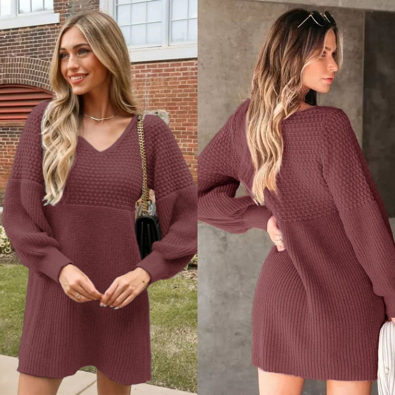 🔥What should I wear tomorrow?🔥-V-neck lantern sleeve solid color knitted woolen dress