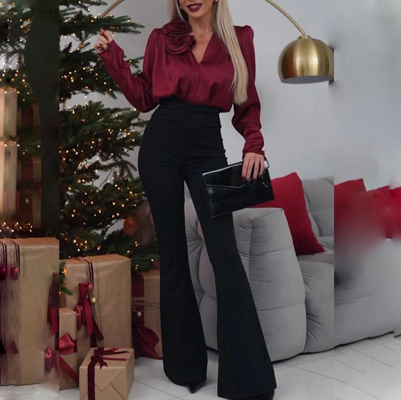🔥 What should I wear tomorrow? 🔥Women's Luxurious Satin V-neck Blouse with Rose Detail