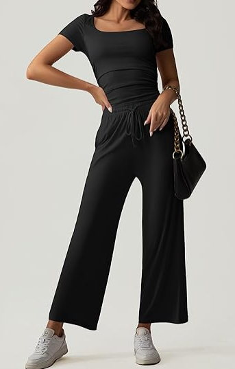 What should I wear tomorrow?-Women's 2-Piece Lounge Set: Ruched Top & Wide-Leg Pants