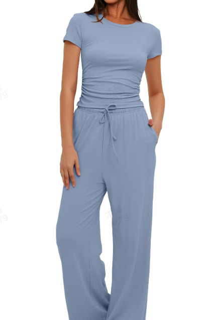 What should I wear tomorrow?-Women's 2-Piece Lounge Set: Ruched Top & Wide-Leg Pants