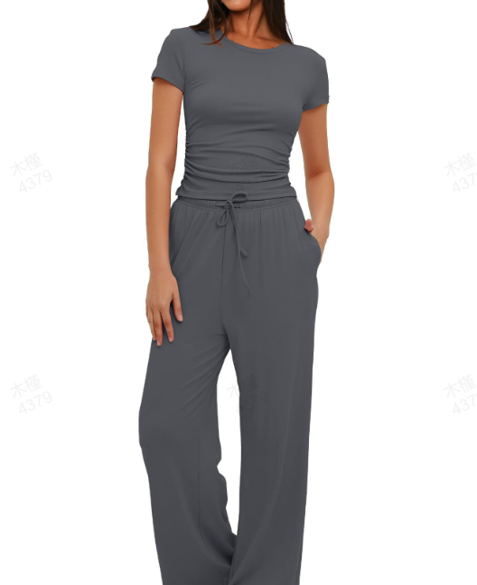 What should I wear tomorrow?-Women's 2-Piece Lounge Set: Ruched Top & Wide-Leg Pants
