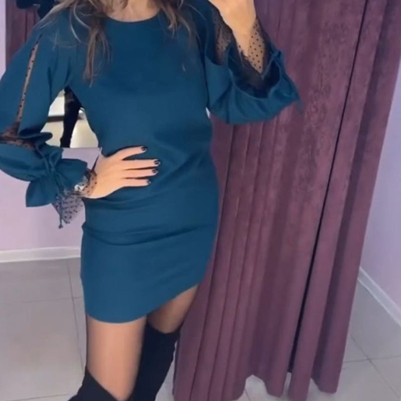 💕What should I wear tomorrow?💕Long Sleeve Mesh Dress with Round Neck