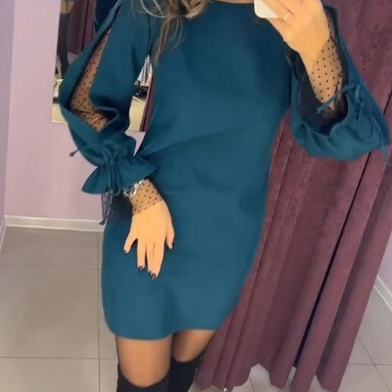 💕What should I wear tomorrow?💕Long Sleeve Mesh Dress with Round Neck