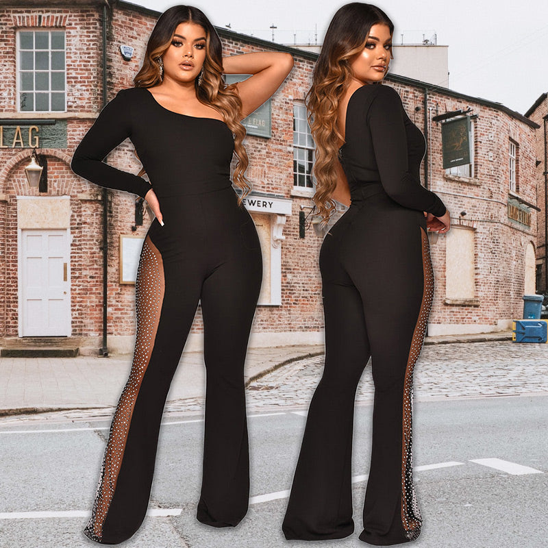 What should I wear tomorrow?💕Sexy Off-Shoulder Bodycon Rhinestone Leg Jumpsuit