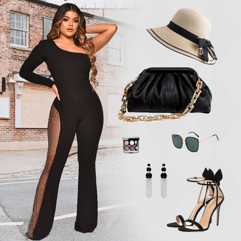What should I wear tomorrow?💕Sexy Off-Shoulder Bodycon Rhinestone Leg Jumpsuit